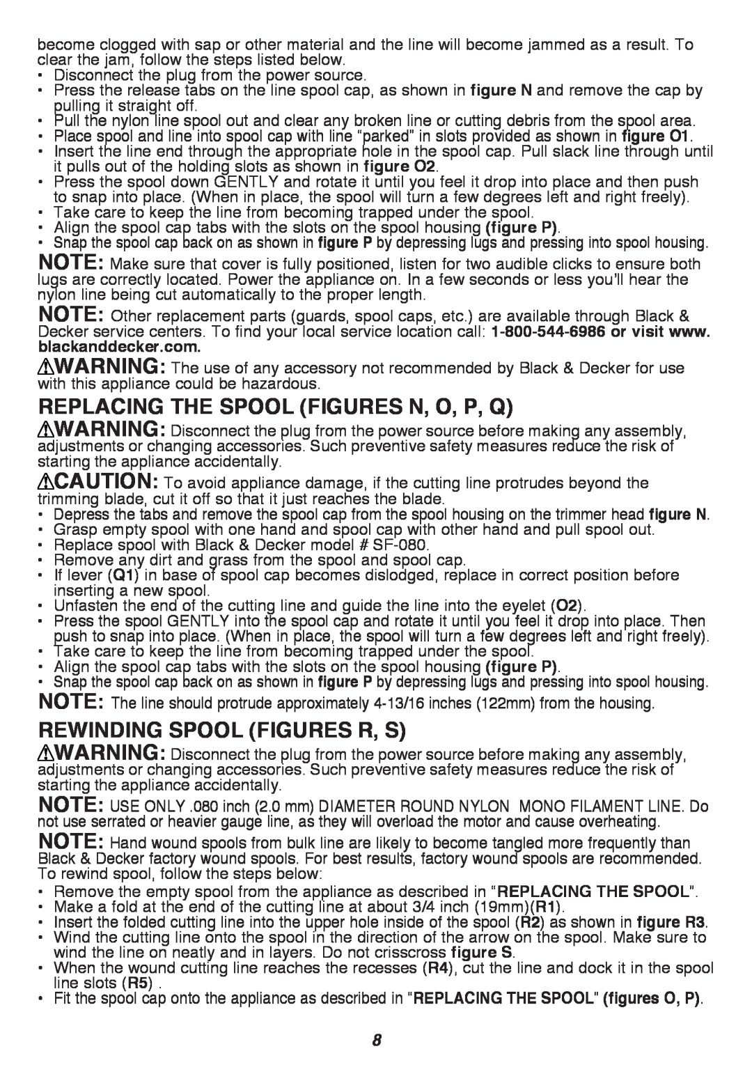 Black & Decker GH3000 instruction manual REPLACING THE SPOOL figures N, O, P, Q, REWINDING SPOOL figures R, S 
